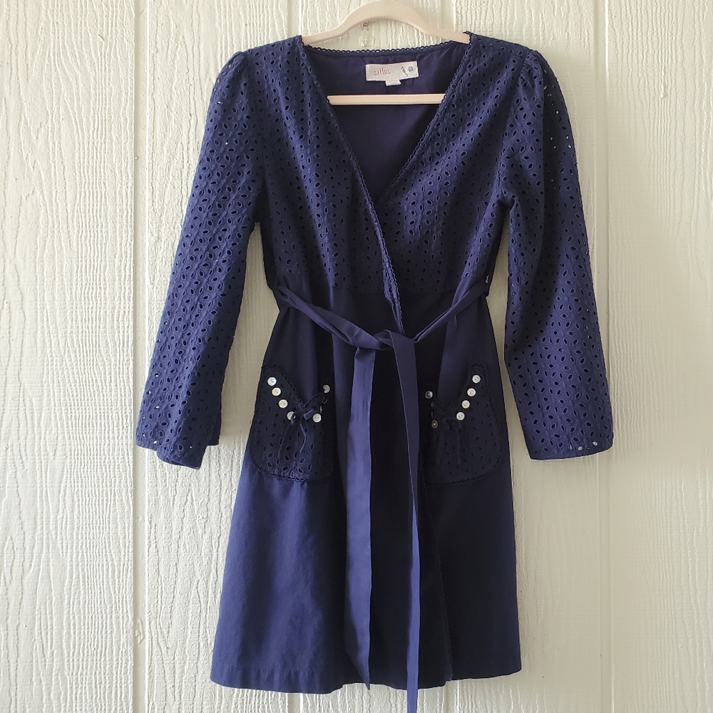 Anthropologie Lilka Eyelet Lace Wrap Tea Dress Longsleeve Pockets Navy S/M